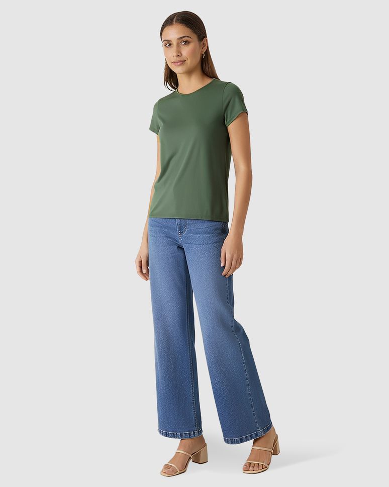 Blusa Básica Feminina Decote Redondo Manga Curta Em Malha Algodão Pima