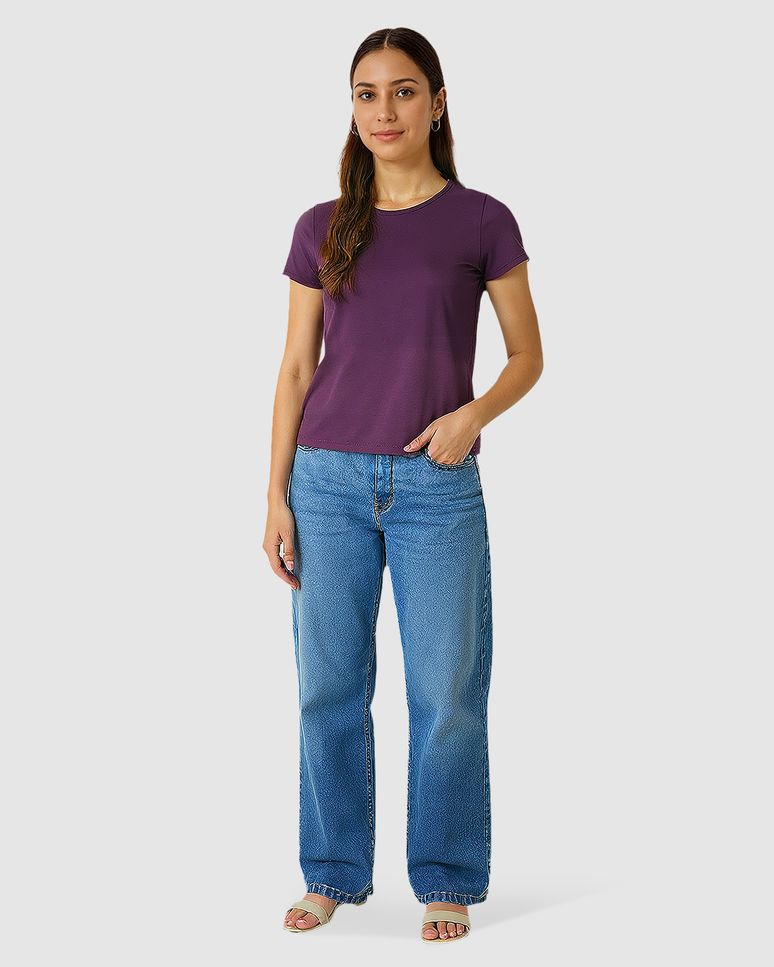 Blusa Básica Feminina Decote Redondo Manga Curta Em Malha Algodão Pima