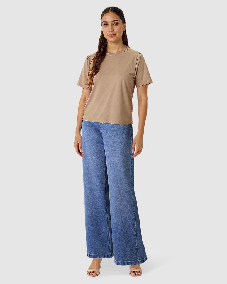 Blusa Básica Feminina Decote Redondo Manga Curta Em Malha Algodão Pima