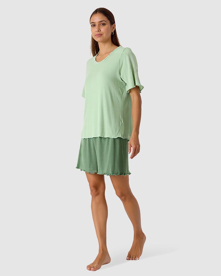 Pijama Curto Feminino Costura Filete Gola Em Malha De Viscose Canelada