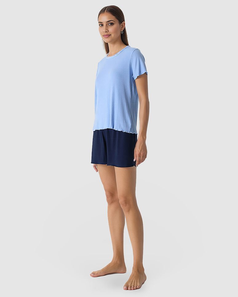 Pijama Curto Feminino Costura Filete Gola Em Malha De Viscose Canelada