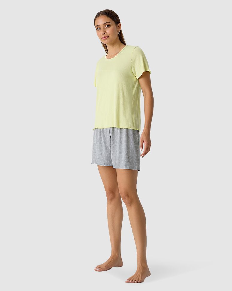 Pijama Curto Feminino Costura Filete Gola Em Malha De Viscose Canelada