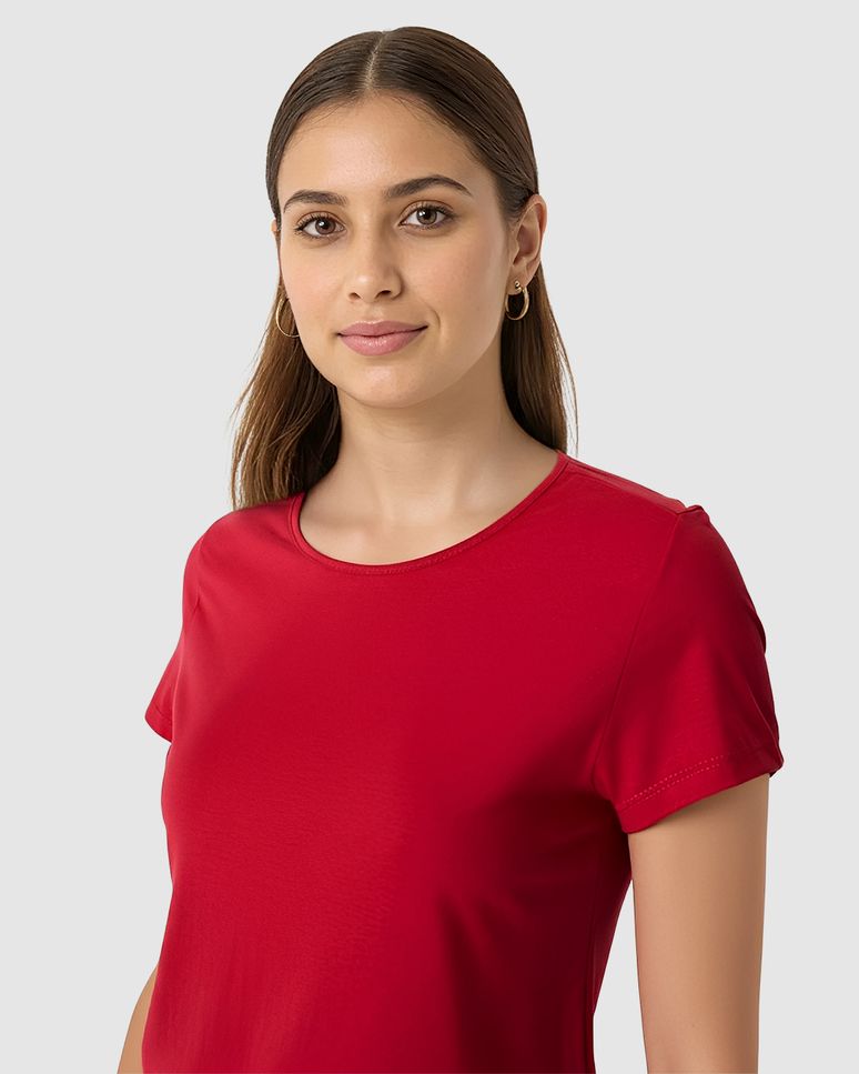 Blusa Básica Feminina Decote Redondo Manga Curta Em Malha Algodão Pima