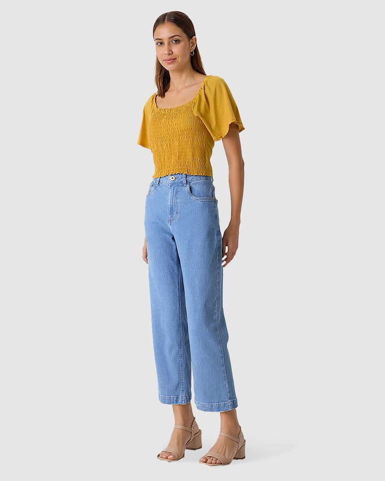 Blusa Feminina Detalhe Lastex Frontal E Manga Curta Em Algodão