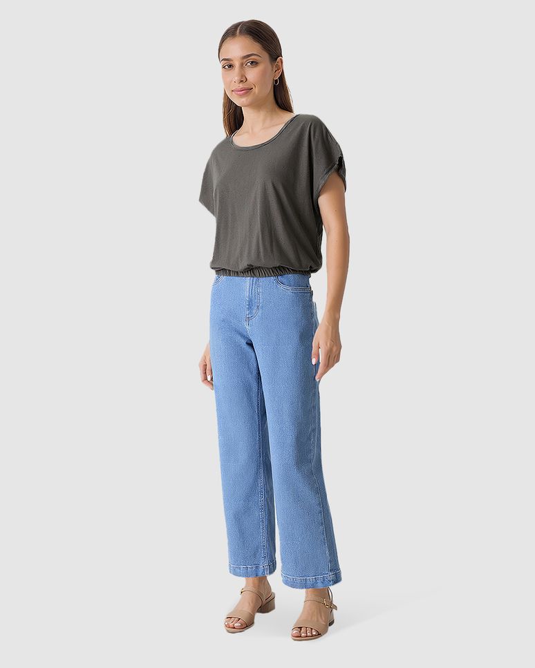 Blusa Ampla Feminina Barra Acabamento Elástico Em Malha Botonê