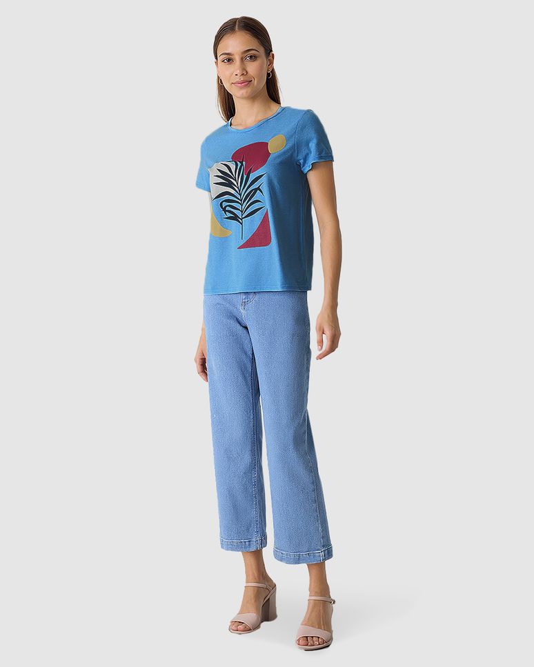 Camiseta Feminina Estampa Frontal Abertura Costas Em Malha Moulinê