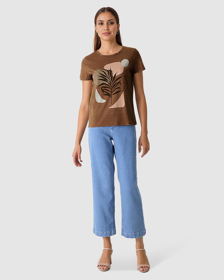 Camiseta Feminina Estampa Frontal Abertura Costas Em Malha Moulinê