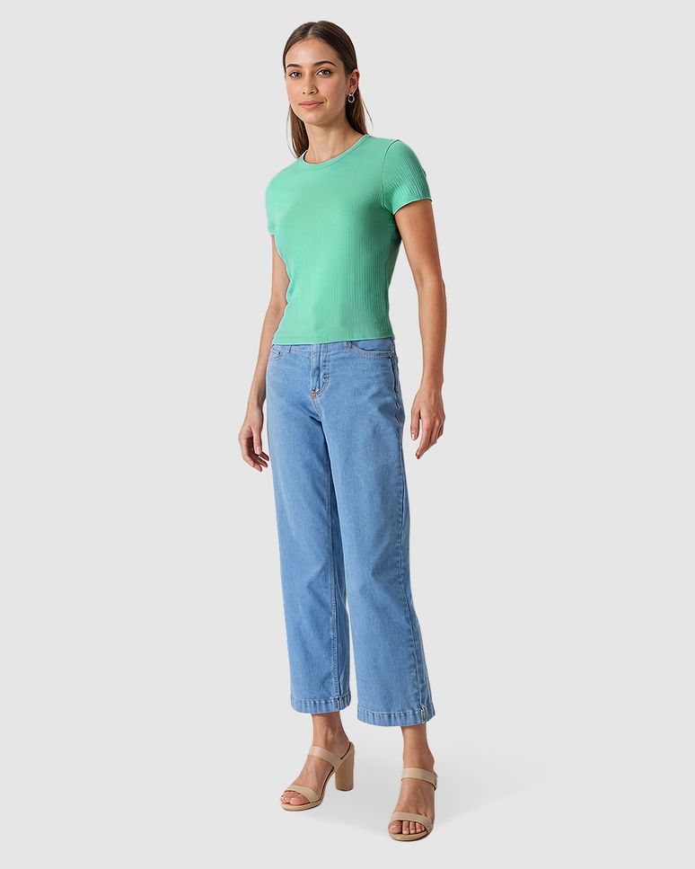 Blusa Cropped Feminina Decote Redondo Manga Curta Em Malha Texturizada