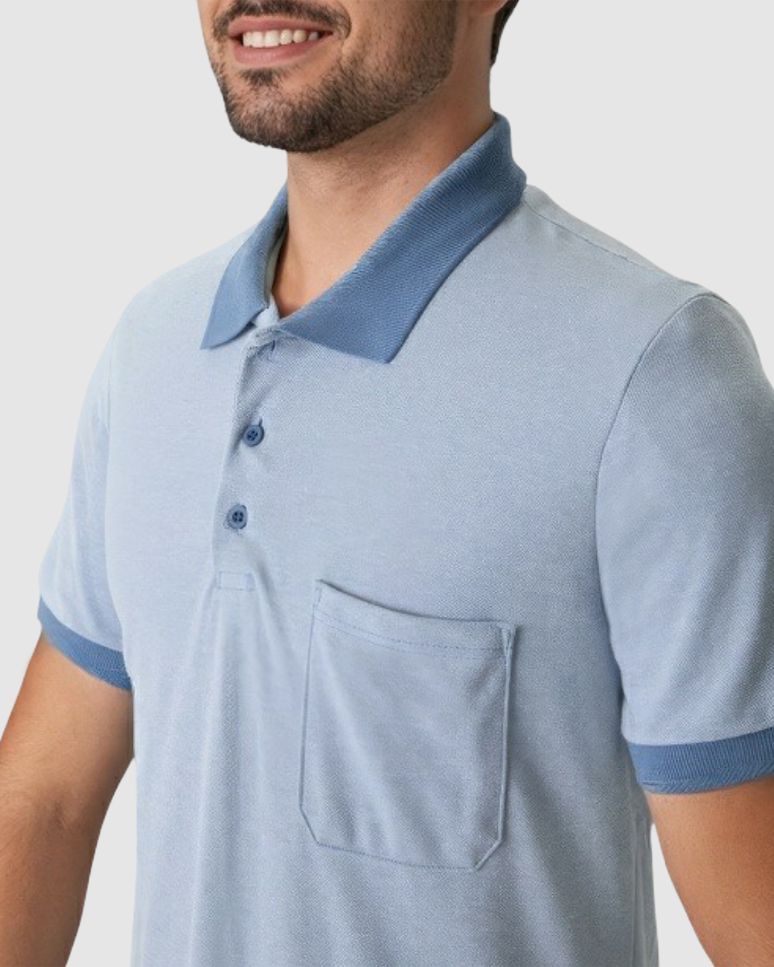 Camisa Polo Masculina Regular Bolso Frontal Em Malha Piquet Texturizada