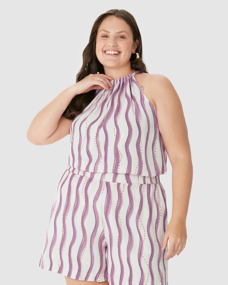 Blusa Feminina Plus Size Evasê Amarração Costas Em Viscolinho Texturizado
