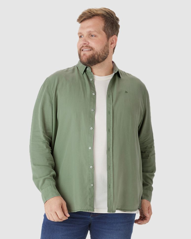 Camisa Masculina Plus Size Manga Longa Bordado Peitoral Em Liocel