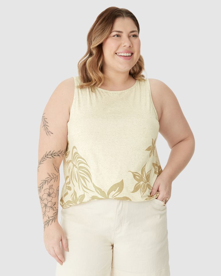 Regata Feminina Plus Size Evasê Estampada Em Malha Viscolinho Stretch