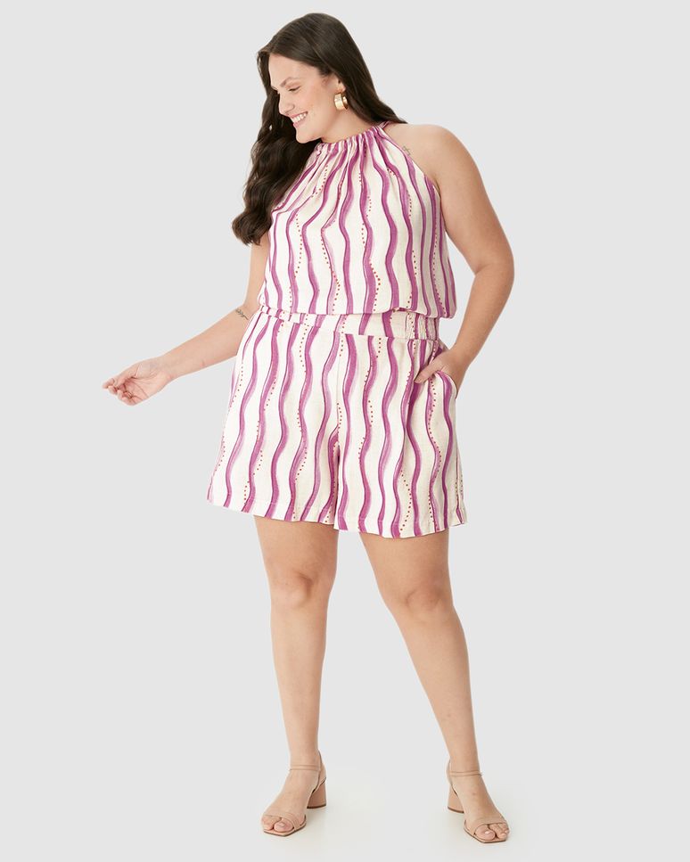 Shorts Feminino Plus Size Listrado Cós Elástico Em Viscolinho Texturizado