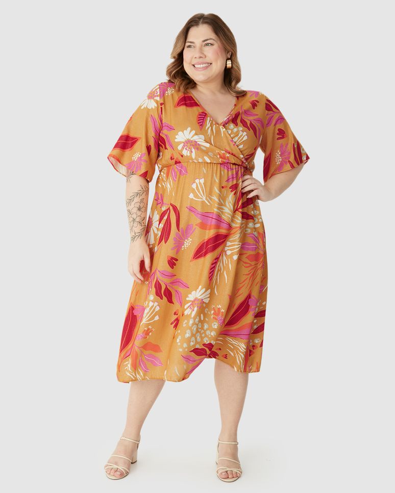 Vestido Midi Feminino Plus Size Transpassado Em Viscose Lurex