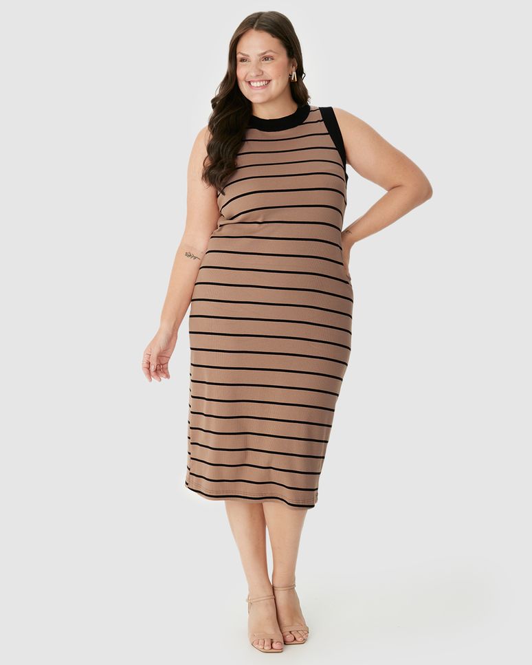 Vestido Midi Feminino Plus Size Justo Em Ribana Listrada