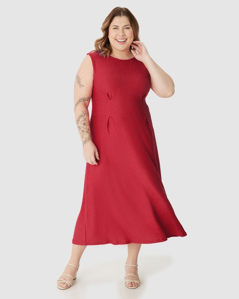 Vestido Midi Feminino Plus Size Acinturado Em Malha Viscose Texturizada