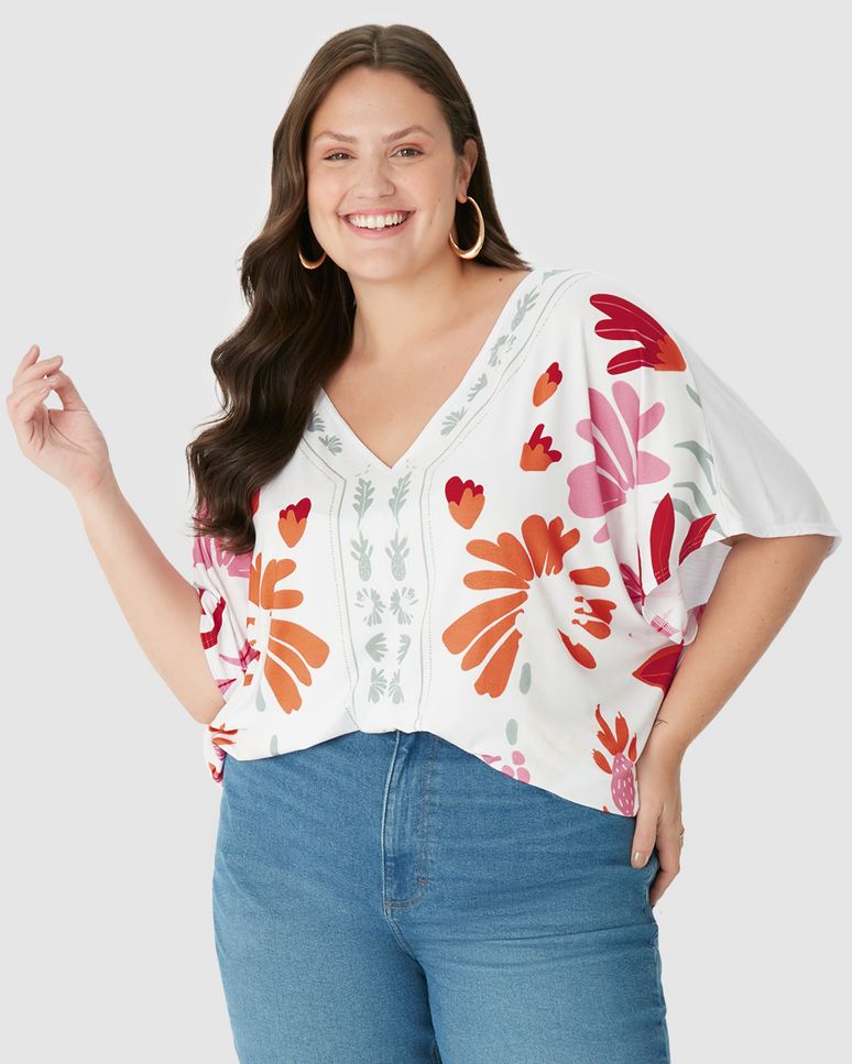 Blusa Feminina Plus Size Ampla Estampada Decote V Em Viscose Stretch
