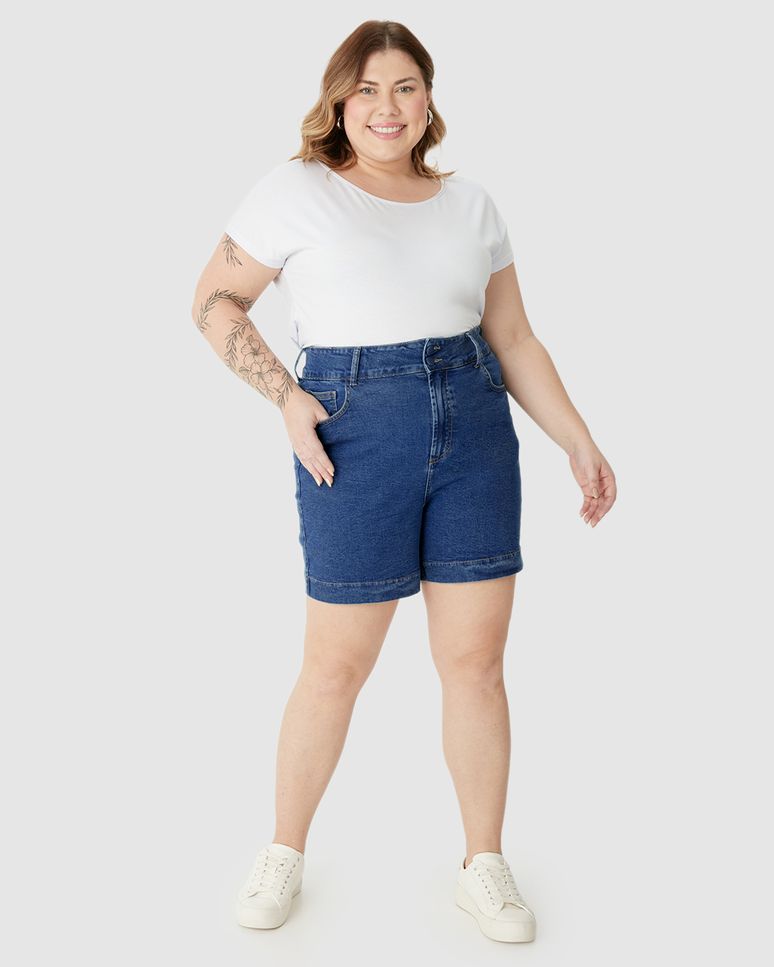 Bermuda Feminina Plus Size Mom Cintura Alta Em Jeans Com Elastano