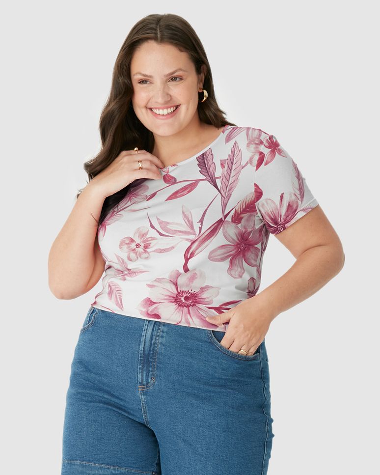 Blusa Feminina Plus Size Estampa Flortal Manga Curta Em Viscose Stretch