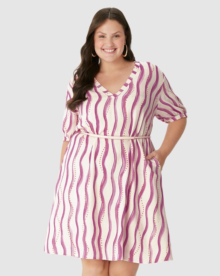 Vestido Feminino Plus Size Amplo Bolso Funcional Em Viscolinho Texturizado