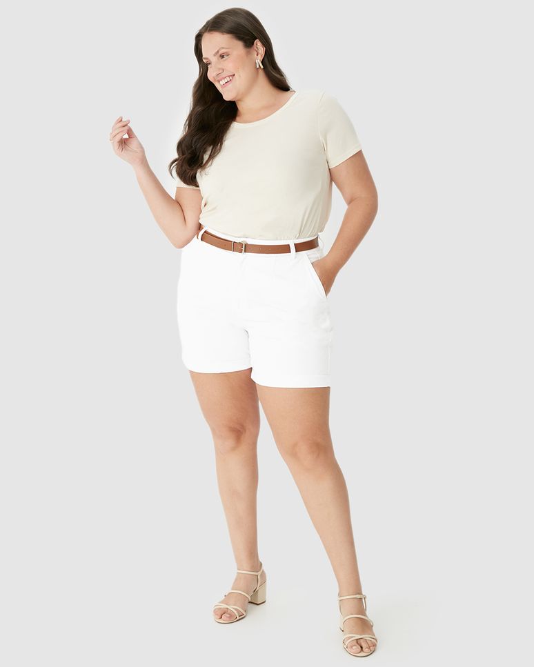 Bermuda Feminina Plus Size Alfaiataria Acompanha Cinto Em Sarja Com Elastano