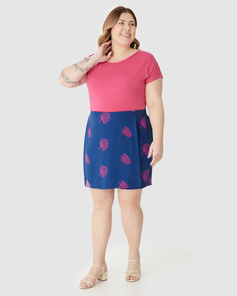Shorts Saia Feminino Plus Size Cós Elástico Em Tecido Bordado