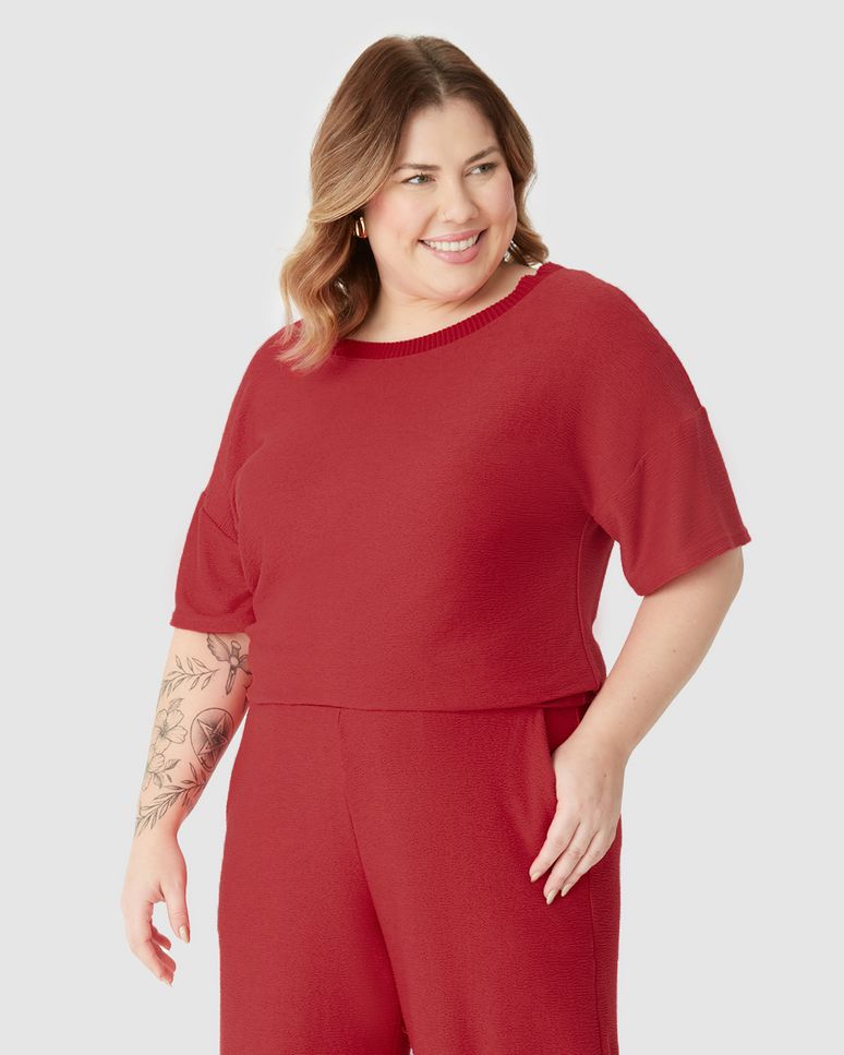 Blusa Feminina Plus Size Mullet Manga Curta Em Malha Viscose Texturizada