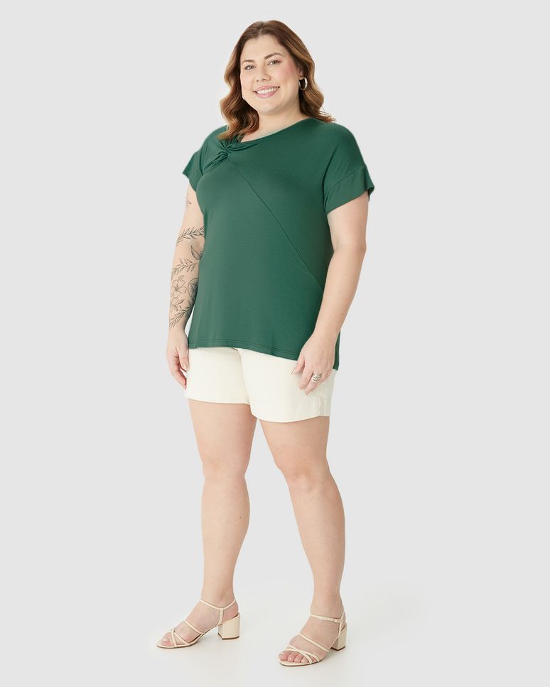 Blusa Feminina Plus Size Detalhe Torção Frontal Em Malha Viscolinho Stretch