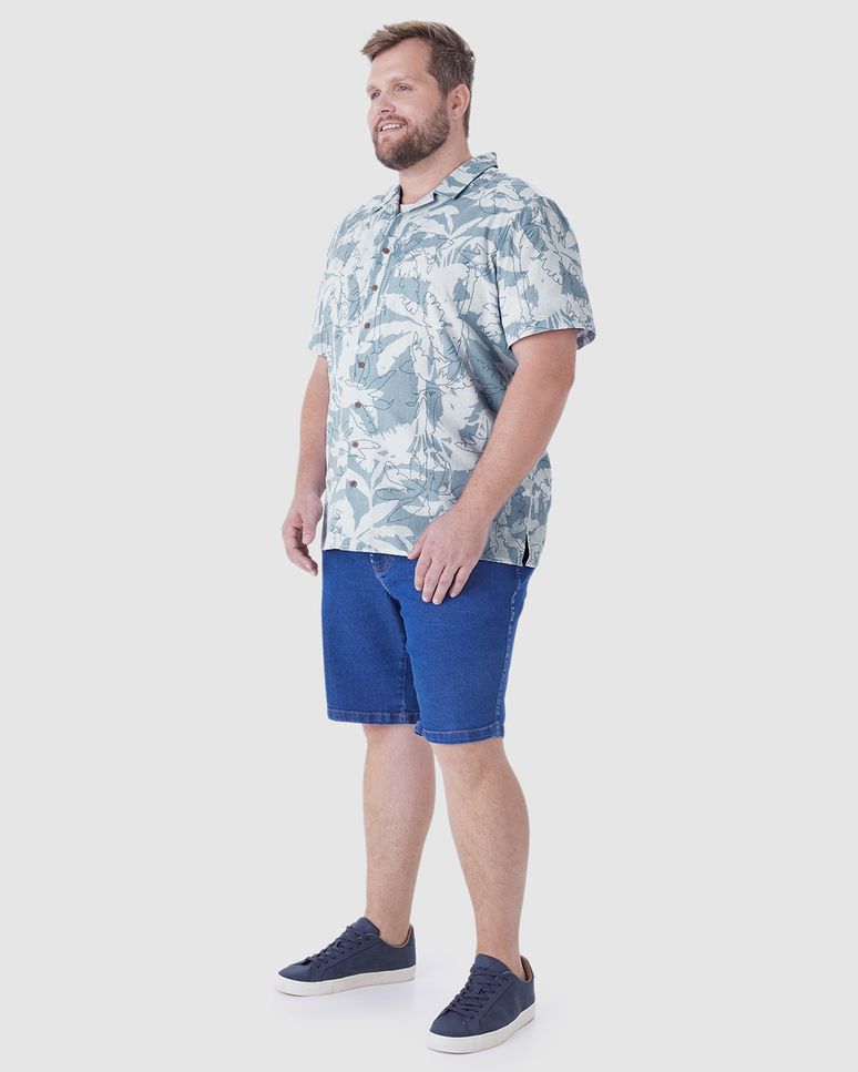 Camisa Masculina Plus Size Estampada Manga Curta Em Linho Com Algodão