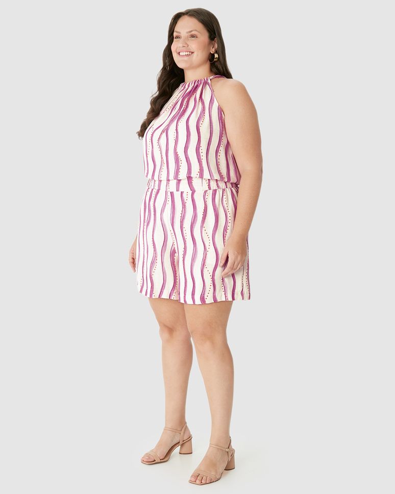 Shorts Feminino Plus Size Listrado Cós Elástico Em Viscolinho Texturizado