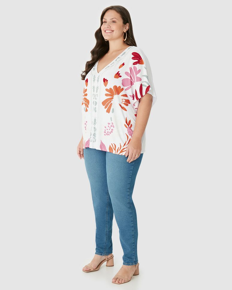 Blusa Feminina Plus Size Ampla Estampada Decote V Em Viscose Stretch