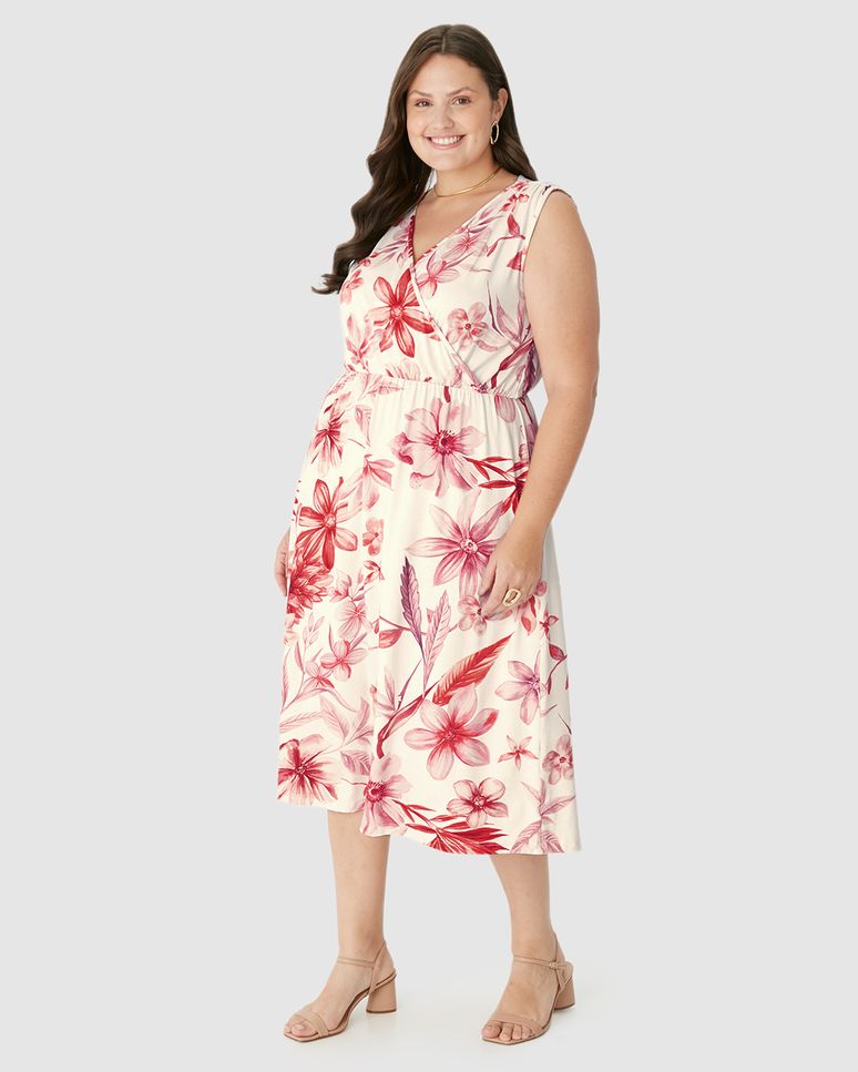 Vestido Midi Feminino Plus Size Transpassado Decote V Em Viscose Stretch