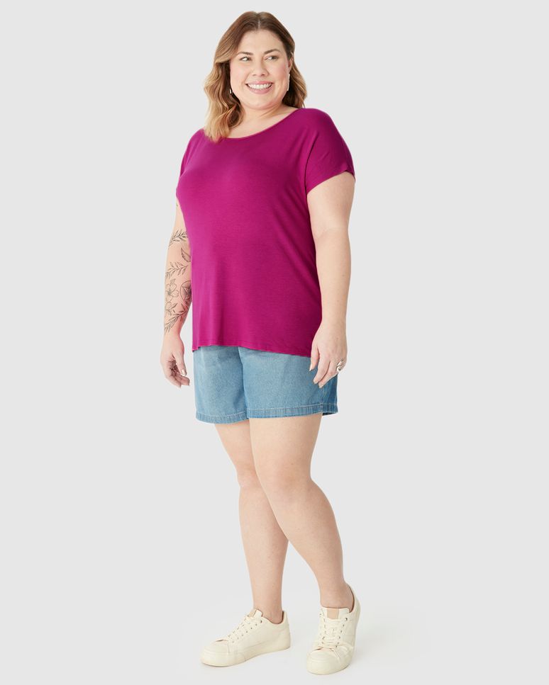 Blusa Básica Feminina Plus Size Manga Japonesa Em Viscose Stretch