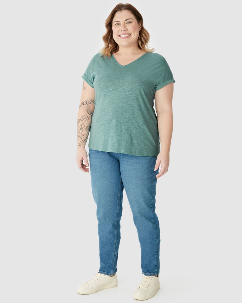 Blusa Feminina Plus Size Mullet Decote V Manga Curta Em Malha Rajada