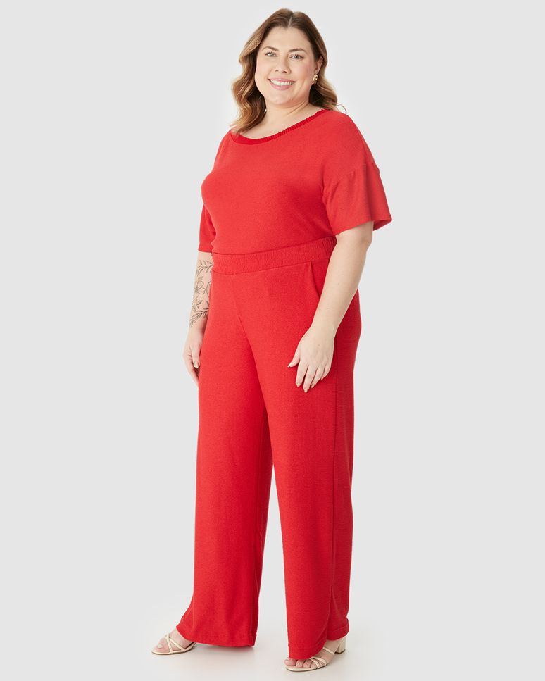 Calça Reta Feminina Plus Size Bolso Faca Em Malha Viscose Texturizada