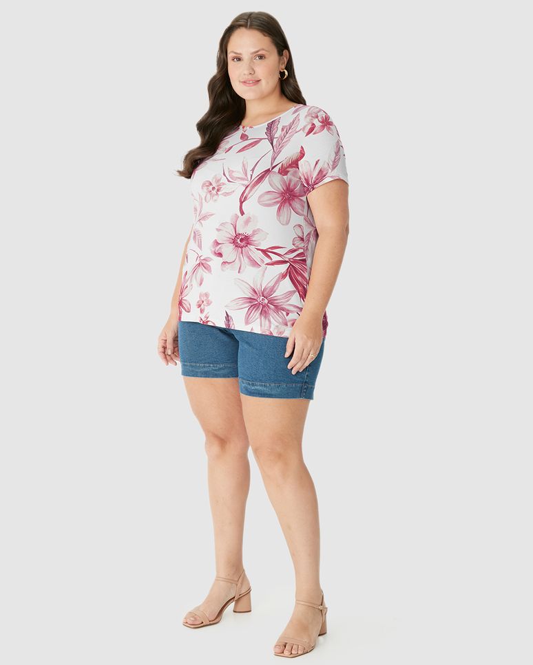 Blusa Feminina Plus Size Estampa Flortal Manga Curta Em Viscose Stretch