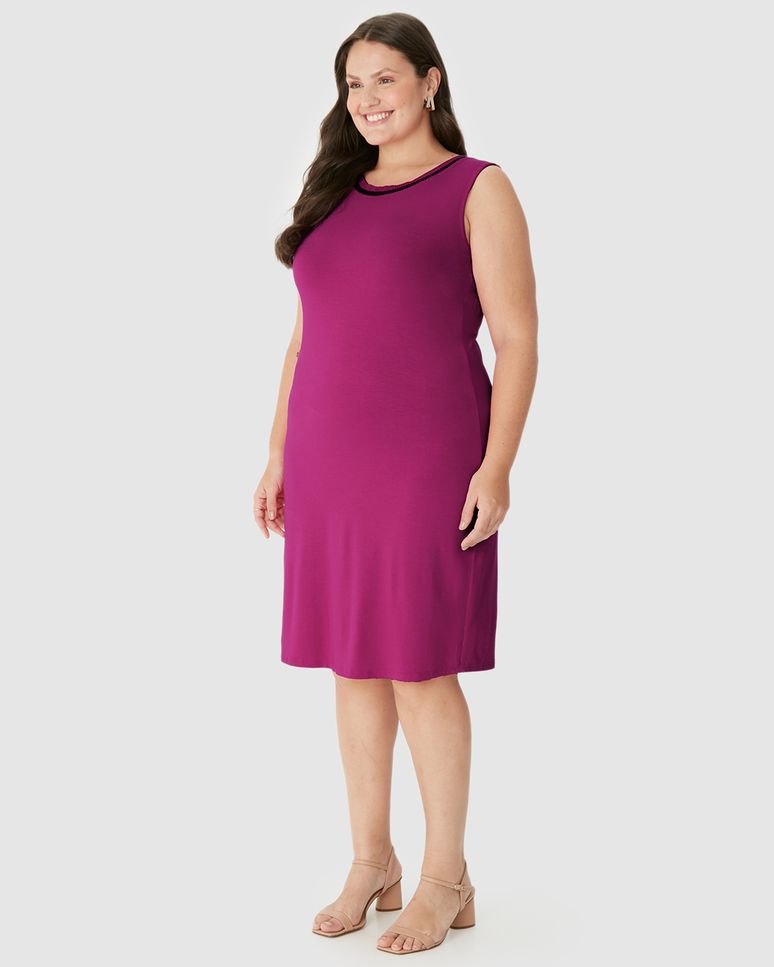 Vestido Feminino Plus Size Reto Decote Redondo Retilínea Em Viscose Stretch