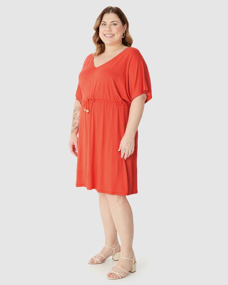 Vestido Feminino Plus Size Cadarço E Amarração Frontal Em Viscose Stretch