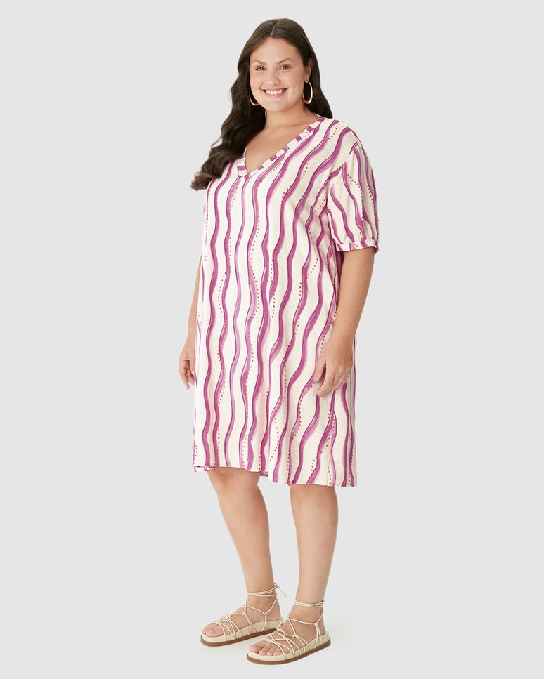 Vestido Feminino Plus Size Amplo Bolso Funcional Em Viscolinho Texturizado