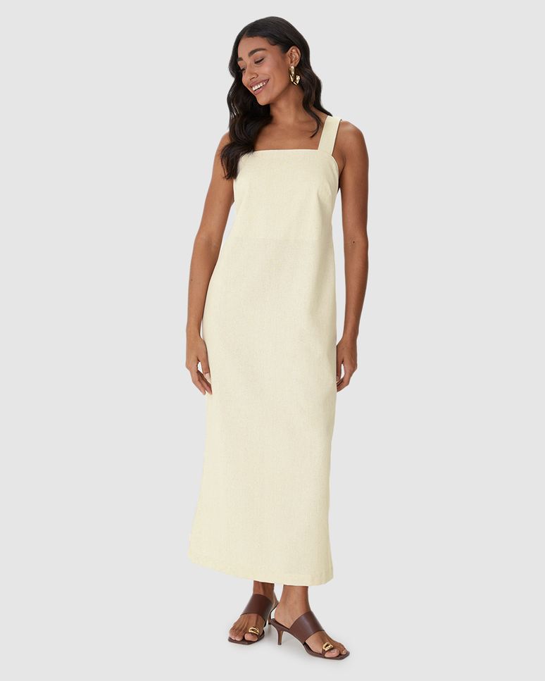 Vestido Midi Feminino Alça Com Aviamento Fenda Costas Em Viscolinho