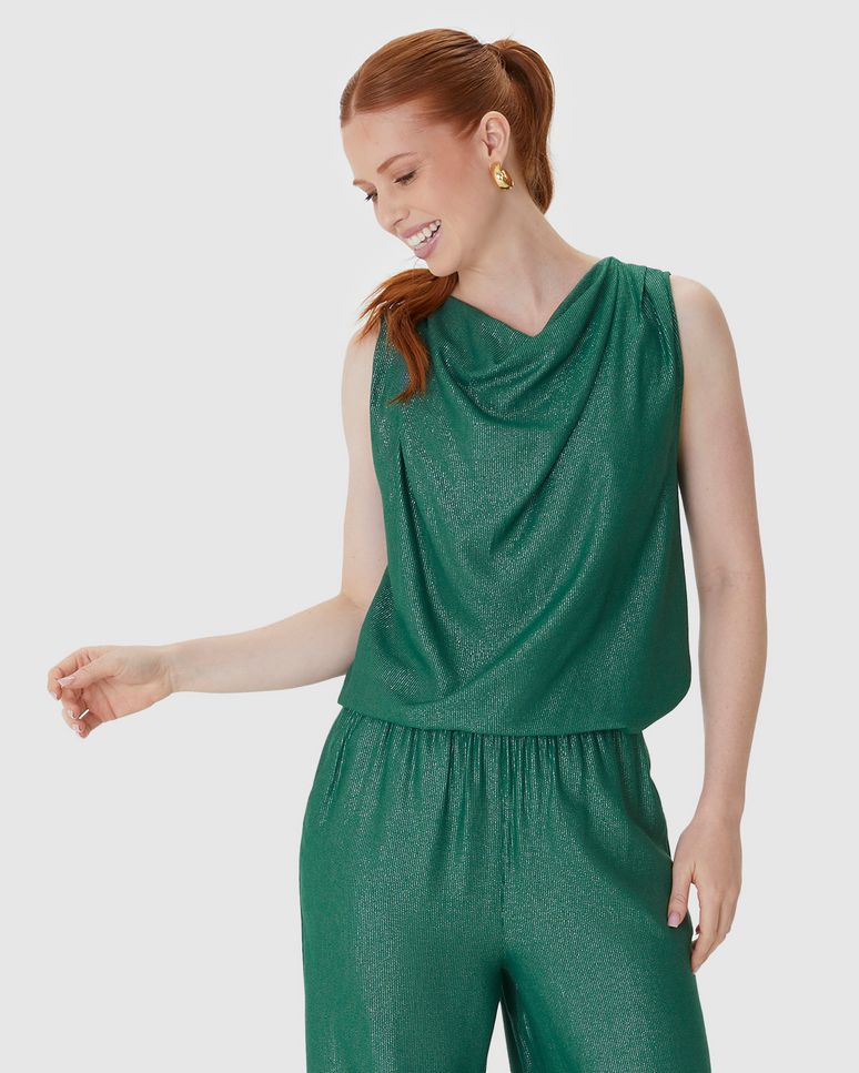 Blusa Feminina Evasê Decote Drapeado Fenda Lateral Em Viscose Lurex