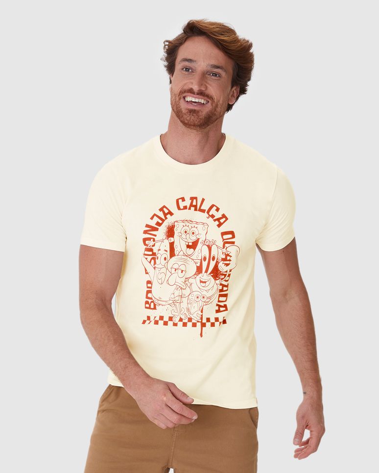 Camiseta Masculina Slim Bob Esponja Calça Quadrada Em Algodão
