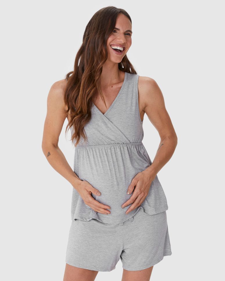 Pijama Curto Feminino Gestante Abertura Frontal Em Viscose Stretch