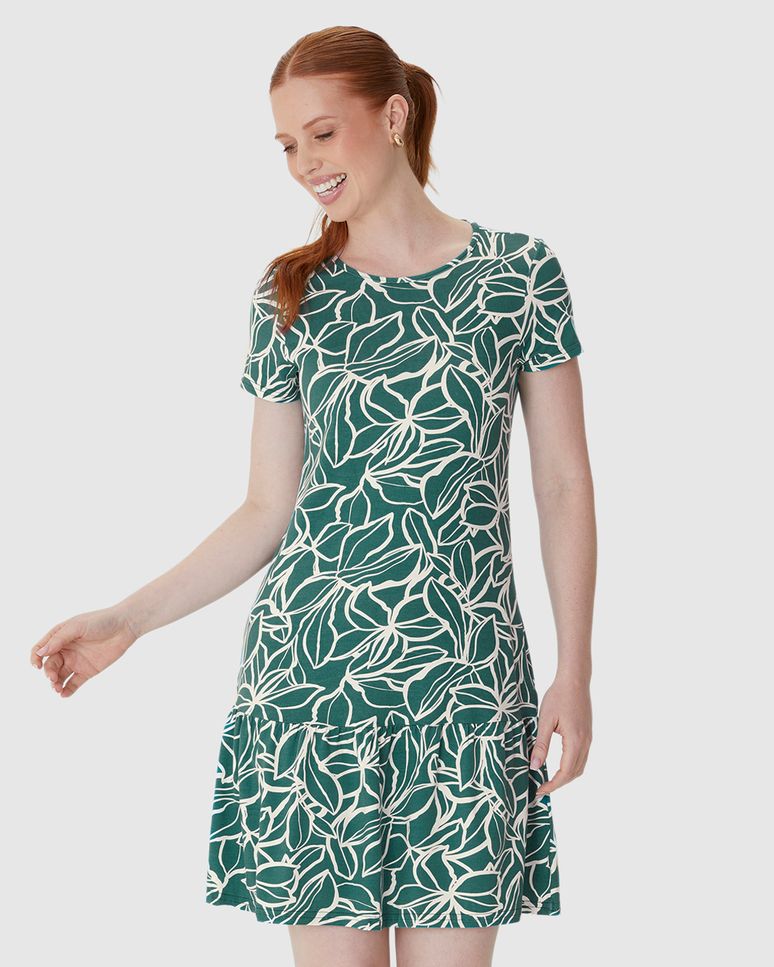 Vestido Feminino Evasê Estampado Barra Franzida Em Viscose Stretch