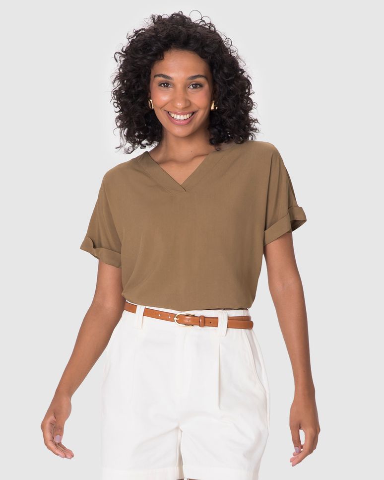 Blusa Feminina Decote V Manga Curta Dobrada Em Viscose