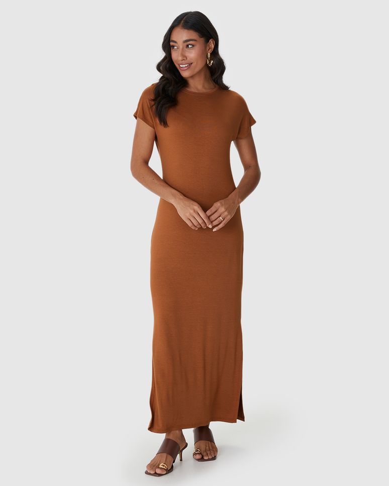 Vestido Midi Feminino Fenda Lateral Em Malha Viscolinho Stretch