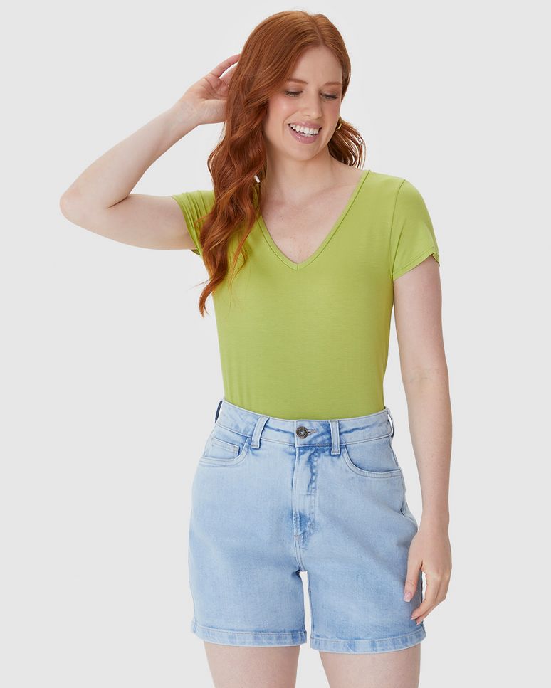 Blusa Básica Feminina Mullet Decote V Em Viscose Stretch