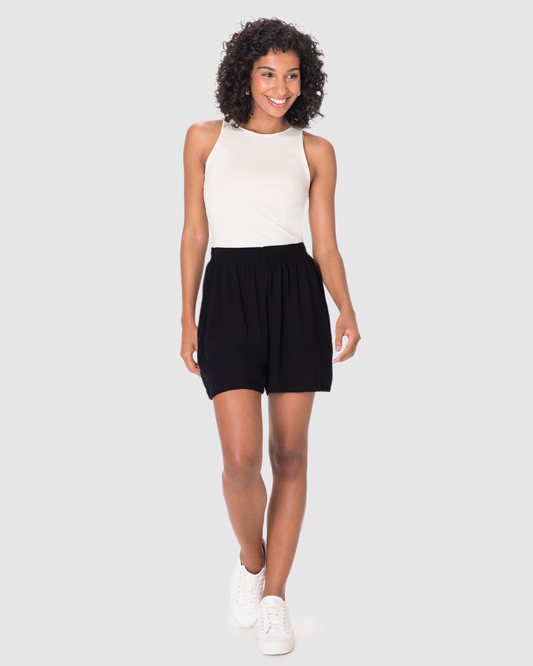 Shorts Alfaiataria Feminino Cós Elástico Bolso Faca Em Viscose