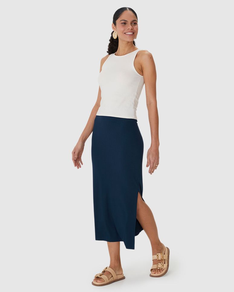 Saia Midi Feminina Básica Fenda Lateral Em Malha Viscose Canelada