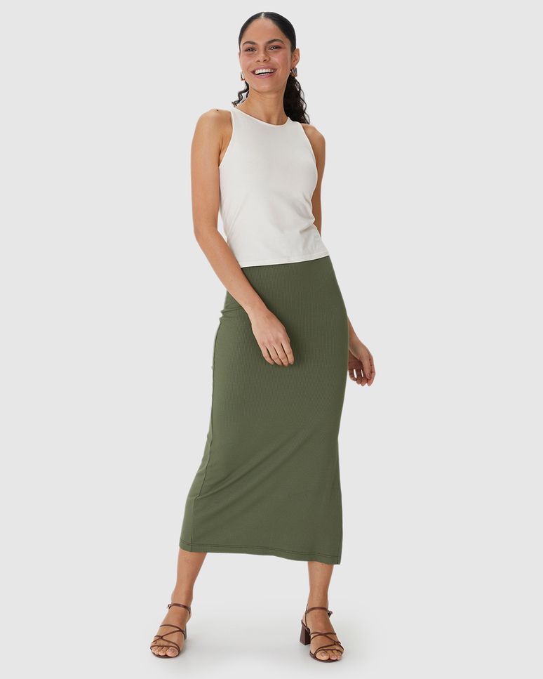 Saia Midi Feminina Básica Fenda Lateral Em Malha Viscose Canelada